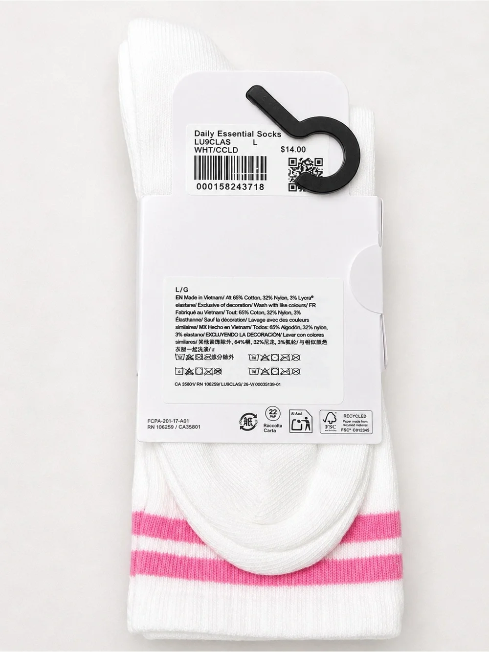 Lululemon Daily Essential Crew Socks White Pink Stripe Logo Size L NWT